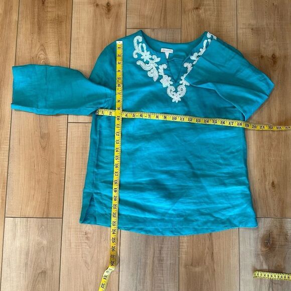 Talbots 3/4 Sleeve Blouse - Tunic Embroidered Neckline Teal Size Small Petite - Picture 6 of 9